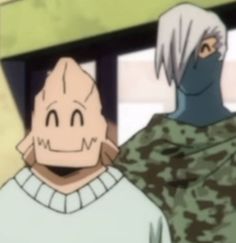 two anime characters are standing next to each other