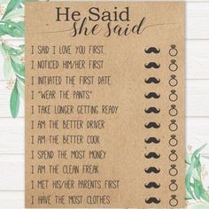 a brown cardboard card with the words he said she said and mustaches on it