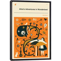 an orange book with black and white illustrations on the cover, which reads alice's adventures in wonderland