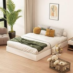 a bedroom with white walls and wooden floors, two teddy bears sitting on the bed