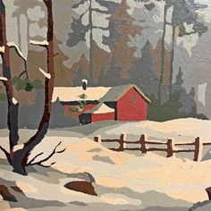 a painting of a snowy landscape with trees and a red barn in the distance,