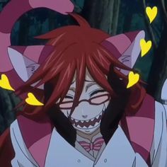 an anime character with long red hair wearing glasses and a white shirt, has yellow hearts on her ears