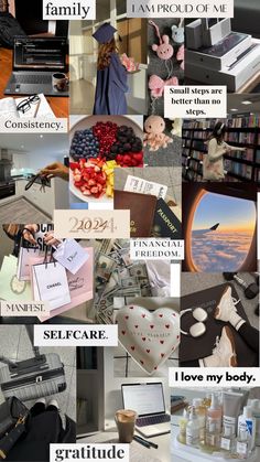 the collage shows many different things that are in this photo, including books and other items