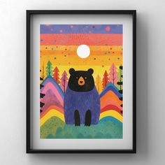 a bear is standing in the middle of a forest with mountains and trees under a bright sun