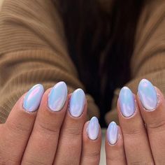 Paige on Instagram: "I’m getting mermaid vibes!🧜🏼‍♀️💙 • • #aprilnails #utahnails #utahnailtech #southjordannails #springnails #luminarynailsystems #gelnails #naturalnails #almondnails #luxioazzurro #luxiogel #chromenails #mermaidnails #bluenails #purplenails #periwinklenails" Opalescent Nails Acrylic, Light Blue Irridescent Nails, Light Blue Opal Nails, Ocean Chrome Nails, Periwinkle Nails Chrome, Light Purple Iridescent Nails, Opal Blue Nails, Light Blue Holographic Nails, Iridescent Nails Blue