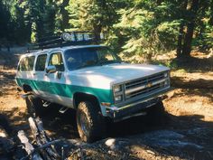 a white and green truck parked in the woods