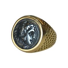 The design of this signet ring is based off a pontiff intaglio ring for wax seals. The coin set in the ring is an oxidized silver casting of a vintage greek coin featuring Alexander The Great. Oxidized silver has a beautiful historic feel for jewelry (think Austro-Hungarian empire) and is a wonderful contrast to the yellow gold. MATERIAL: 18k yellow gold, Oxidized Silver DIMENSIONS: 0.75″ diameter Vintage Engraved Coin Signet Ring, Antique Coin-shape Engraved Signet Ring, Antique Coin Shaped Engraved Signet Ring, Antique Engraved Coin Signet Ring, Intaglio Ring, Silver Casting, Ancient Roman Coins, Swords Medieval, Austro Hungarian