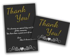 two black and gold wedding thank cards with hearts on the front, one is folded in half