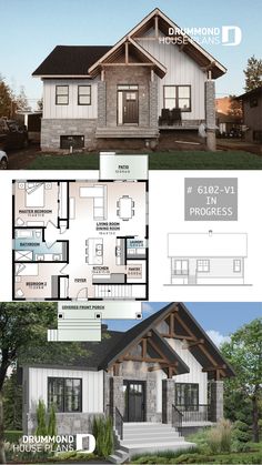 the floor plan for this modern house is shown in three different sections, including one bedroom and