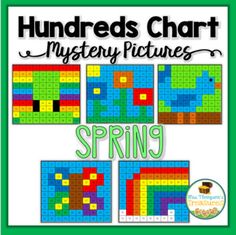 hundreds chart mystery pictures for spring with the words, numbers and colors on it's side