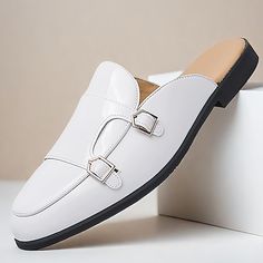 Category:Clogs  Mules; Upper Materials:PU Leather; Lining Materials:PU; Embellishment:Buckle; Gender:Men's; Toe Shape:Round Toe; Outsole Materials:Rubber; Closure Type:Loafer; Function:Comfortable,Slip Resistant; Listing Date:05/28/2024 Luxury Men's Clogs With Removable Insole, Luxury Men's Mules With Removable Insole, White Medium Width Leather Mules, Luxury White Mules With Leather Sole, Dress Shoes Men Clogs & Mules, Mens Clogs, Light Hair, Clogs, Pu Leather