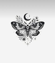 a black and white drawing of a butterfly with stars on it's wings, the moon