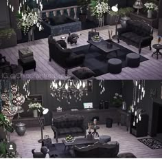 two pictures of a living room with black furniture and chandelier hanging from the ceiling