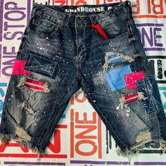 Sz 32 Grid House Jeans Blue Denim Multicolor High Rise Denim Bottoms, Multicolor Denim Jeans With Pockets, Multicolor Distressed Denim Jeans, Urban Blue Jeans, Multicolor Distressed Denim Bottoms, Blue Denim Jean Shorts With Five Pockets, Multicolor Jeans With Pockets For Streetwear, Urban Style Mid-rise Blue Jeans, Urban Style High Rise Blue Jeans