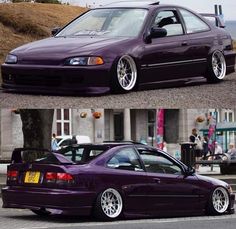 two pictures of a purple car with white rims