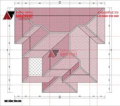 an architectural drawing of a house with the floor plan in red and white, as well as