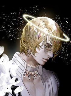 an anime character with blonde hair wearing a white shirt and gold necklace, surrounded by flowers