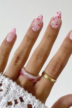 Coquette Nail Ideas Pink French Tip Nails With Cherries, Feminine Gel Nails, Valentines Day Nails Cherry Hearts, Valentines Nails Bows And Hearts, Heart And Cherry Nails, Cherry Oval Nails, Cherry And Heart Nails, Pink And Cherry Nails, Cherry Nail Inspiration