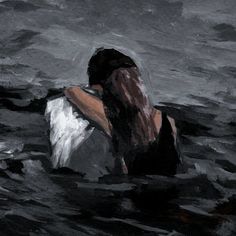 a painting of a person in the water with their back turned to the camera,