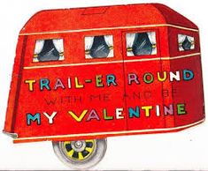 a drawing of a red trailer with words written on the side and windows that read, trailer - round with me and my valentine