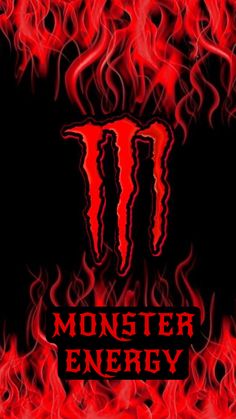 the monster energy logo is shown in red flames