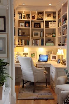 a home office with built - in bookshelves, desk and chair is shown