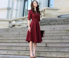 Dark red dress with circle skirts. Golden color detail in neckline. Dress with mid sleeves and zipper on the side, tying belt at the back. The material isvery comfortable for wearing them, slightly elastic and crease.When washing, the color remains the same brightness. ➤ Features > dress length: 106 cm / 41,7'' > mid sleeves > v neckline with detail > pleats at skirt part > tying waistband at the back ➤ Sizing My Size Guide in FAQ section below will help you define the perfect size match.  ➤ Delivery Your item is made-to-order and will be ready within 2-7 days.  Average delivery times: > Europe: up to 1 week > North America: up to 1-2 weeks > New Zealand, Australia and other countries: up to 2-3 weeks, but sometimes it takes few months ➤ Material Mid-weight fabric: 100% polyester Material Gaun Koktail, Dark Red Dresses, Gaun Fashion, Plus Size Cocktail Dresses, Dress Winter, Red Cocktail Dress, Rust Dress, Womens Cocktail Dresses, Winter Dress