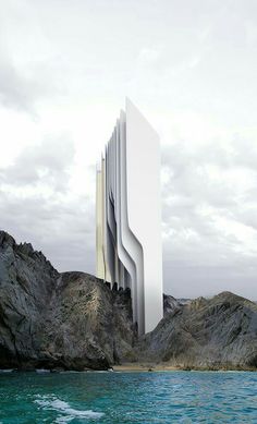 an architectural rendering of a building on top of a cliff next to the ocean with mountains in the background