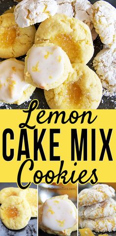 lemon cake mix cookies on a baking sheet with the words lemon cake mix cookies above them