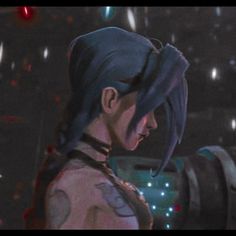 an animated image of a man with blue hair and piercings looking at something in the distance