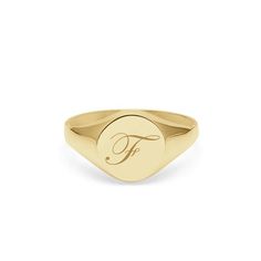 Single script initial precision engraved on a traditional inspired 9k yellow gold round signet ring. Perfect for everyday wear. Material: 9k yellow gold Size of ring face: 11mm UK hallmarked 375Please specify which initial you would like engraved at checkout.The ring is presented in Myia's branded box, ready for gifting. Gold Pinky Ring, Script Initial, Gold C, Gold N, Gold G, Wedding Rings Halo, Gold Signet Ring, T Lights, L And Light