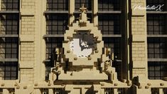 a large clock on the side of a tall building with lots of windows in front of it