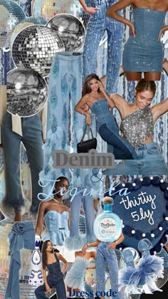 a collage of blue and silver images with disco balls, sequins, jeans