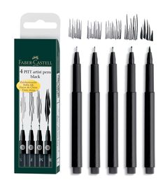 faber's castle fine point pen set with 4 pens and 1 eraser - black