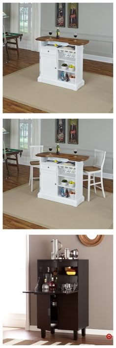 three different views of a dining room table with chairs and an entertainment center in the middle