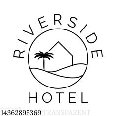 the logo for riverside hotel, which is located in front of a beach and palm tree