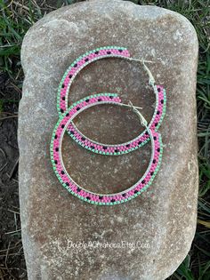 Pink Watermelon Beaded 2 Inch Hoop Earrings - Etsy Mexican Art Tattoos, Beaded Patterns, Beaded Items, Pink Watermelon, Black Hoops Earrings, Beading Inspiration, Bead Projects, Beautiful Beadwork, Beading Projects