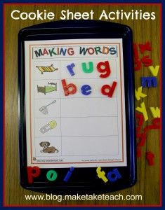 a cookie sheet activity for kids to make words and spell them out with the letters