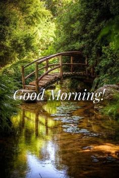 a bridge that is over some water with the words good morning on it and trees in the background