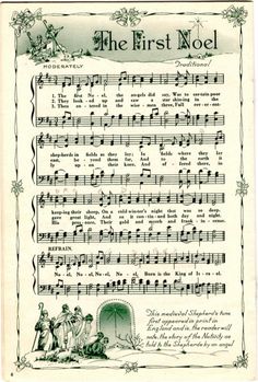 an old sheet music with the first noel written in green and white ink on it