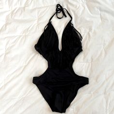 Black Fringe Front Monokini. Hygienic Liner Still Attached. Marked Size Medium, But Fits More Like A Small. Tie Around Neck And Back. Never Worn. Black Summer Festival Swimwear, Billabong One Piece, Hot Pink Swimsuit, Target Swimsuits, Tie Around Neck, Blue One Piece Swimsuit, Blue One Piece, Halter One Piece Swimsuit, Black One Piece Swimsuit