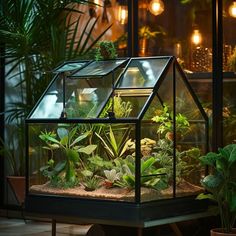 a house shaped greenhouse with plants in it and some lights on the wall behind it