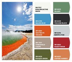 the color scheme for an orange, green and blue hot spring in yellowstone national park