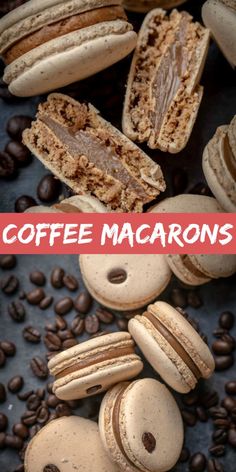 coffee macaroons are stacked on top of each other with the words coffee macaroons above them