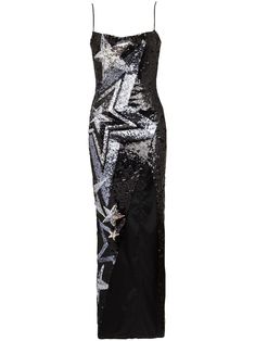 black/silver tone stretch-design sequin design fitted star embroidered pattern sweetheart neck rear zip fastening thin shoulder straps front slit straight hem floor-length Plain Black Maxi Dress, Fancy Outfit, Vestidos Retro, Embellished Maxi Dress, Oscar Dresses, Maxi Dress Black, Embroidered Maxi Dress, Rocker Chic, Pierre Balmain