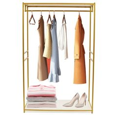 a rack with clothes and shoes hanging from it's sides, in front of a white background