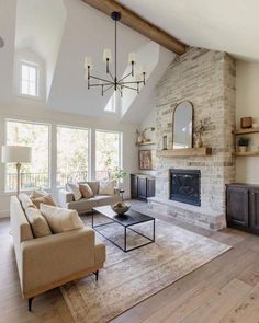 a living room filled with furniture and a fire place in the middle of a room