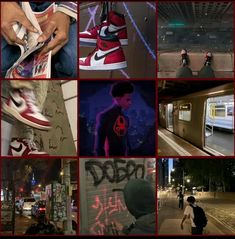 a collage of photos with people and graffiti on them