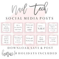 "Gorgeous ready-to-use set of 86 Nail Tech Instagram Quotes Posts. *  I N C L U D E S  * * 43 JPG Quote Posts sized 1200X1200 * 31 Nail Related Quotes  * 3 Business Posts: On Vacation, Gift Certificates Available and Appointment Available - Book Now * 8 Holiday Posts *  H O W  I T  W O R K S  * * After your payment has been confirmed, you will receive an email with a download link. * Download your zip file from the Etsy Email or from your Etsy \"Purchases & Reviews\". * The zip file contains all quote posts and must be downloaded to a computer or laptop. * Then extract or unzip the file and transfer quote posts to your phone or tablet. * Post your shiny new Instagram Posts! *  P L E A S E  N O T E  * * This is a digital listing and no items will be mailed. * These are ready to use files. * Nails Page Name Ideas For Instagram, Bio For Nails Page, My Nail Tech Quotes, Nail Salon Quotes Marketing, Nail Tech Name Ideas Aesthetic, Nail Appointments Available Posts, Instagram Content Ideas Nails, Nail Tech Deals, Nail Tech Instagram Usernames