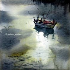 a painting of a boat in the water